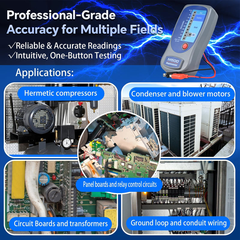 M500 Megohmmeter, 500 Volts Digital Insulation Tester up to 1000 megohms, Compatible with SUPCO M500 Megohmmeter, Professional Megger for HVAC Compressors, Motors & Home Electrical Systems