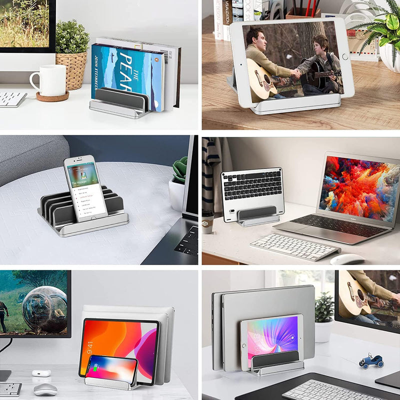 Vertical Laptop Stand [Updated Version],3-Slot Space-Saving Aluminum Desktop Stand Holder with Adjustable Dock Size Compatible for All MacBook/HP/Dell/Surface/Samsung/Chrome Book(Silver)