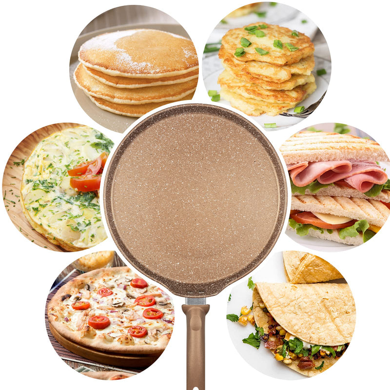 Innerwell 11 inch Nonstick Crepe Pan, Granite Coating Flat Skillet Dosa Tawa Tortilla Pan, Large Pancake Griddle Comal Pan, Compatible with All Stovetops, PFOA Free Gold