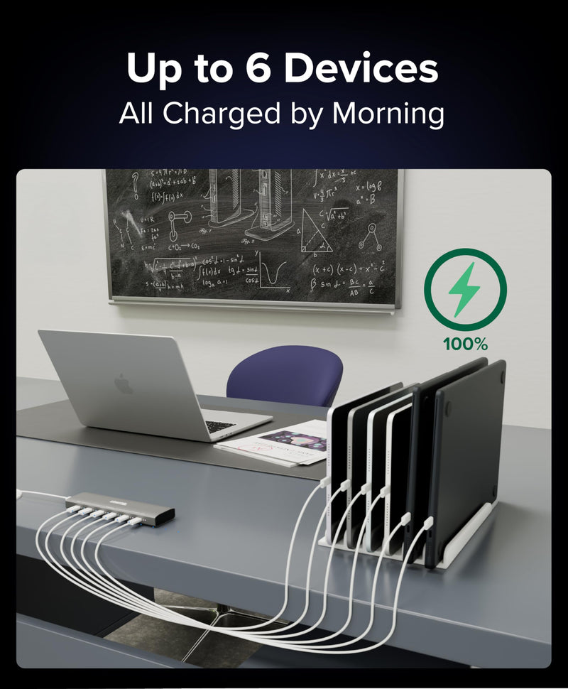 Plugable 6 Port USB C Charging Station, Up to 100W Charger for Multiple Devices with Priority Charging, Desktop Power Hub for USBC Devices Including Laptops Phones Tablets Earbuds and More (PS-6CC)