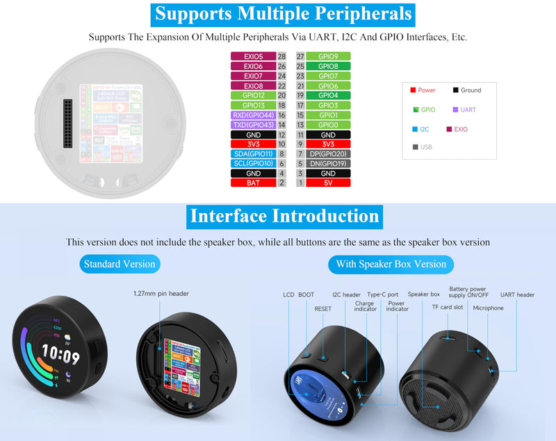 ESP32-S3 with 1.85inch Touch Round LCD Development Board, 360x360, Support W-i-Fi & BLE 5, Smart Speaker Box, AI Speech, Supports AI Speech Interaction and Offline Voice Control