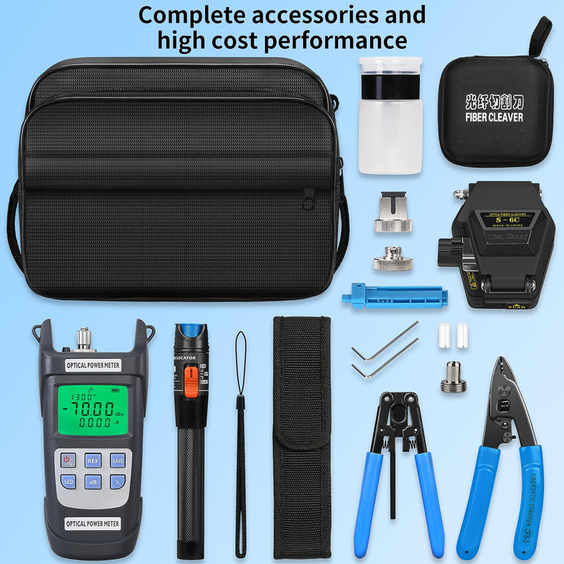Fiber Optic Terminal kit 9-in-1 FTTH Tool kit Equipped with S-6C Optical Fiber Cleaver and high Precision Optical Power Meter A-Y710A (-70~+10dBm) Well as Wire Stripper Fibre Tool kit