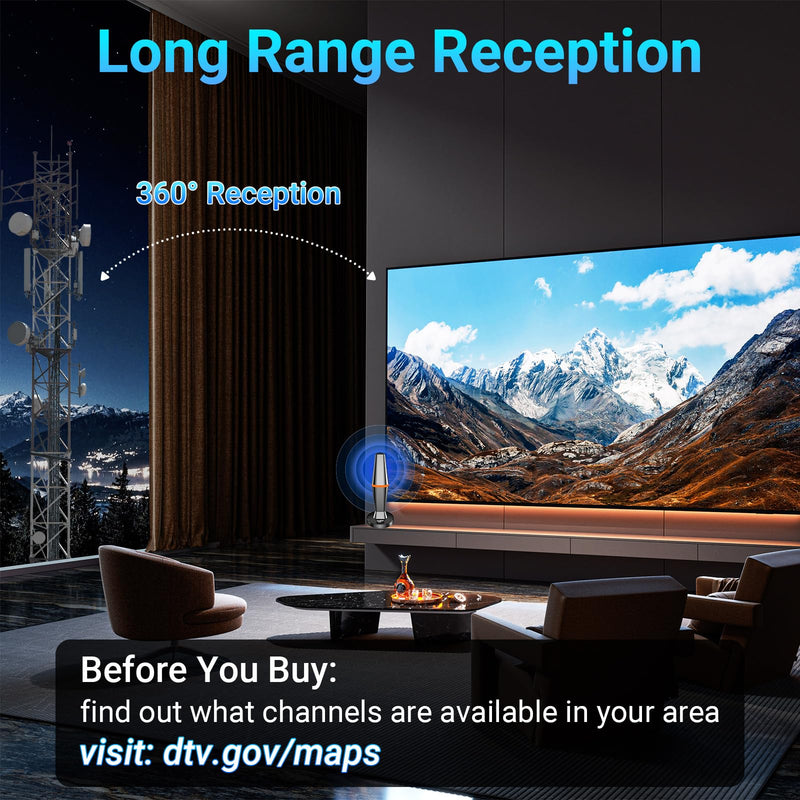 Digital TV Antenna for Smart Tv Indoor Antenna for Tvs Without Cable with Strong Magnetic Base, 360° Reception HD Antennas for TV Indoor 4K Supports Smart & Older TVs -10FT Long Cables