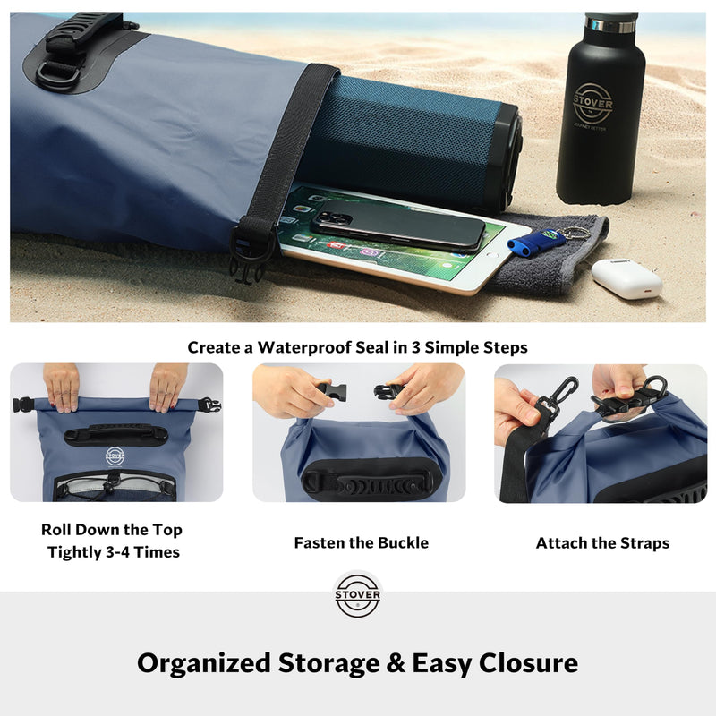 STOVER 5/10/25/30/40/55L Waterproof Dry Bag- Roll-Top Backpack w/Phone Case- Kayaking, Hiking, Camping, Boating- Men/Women 30l Navy Blue (With Phone Case)