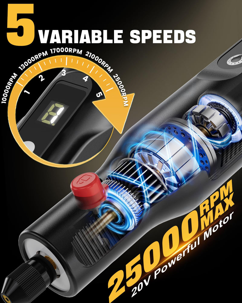 Ecarke Cordless Rotary Tool Kit Compatible with Dewalt 20V Battery, 25000RPM 5-Speed & 108 Accessories, Dog Nail Grinder with LED Light for DIY Crafts, Sanding, Engraving, Polishing(Tool Only) Yellow