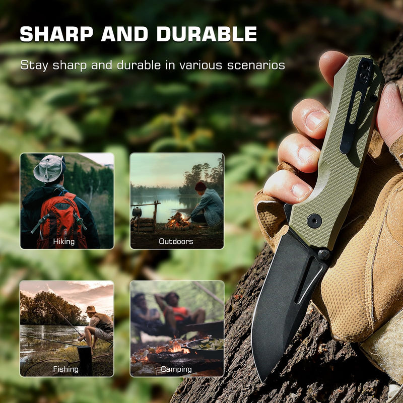 REMETTE EDC Pocket Knife Rhino,3" D2 Steel Blade Durable G10 Handle, Folding Pocket Knives with Reversible Pocket Clip, Sharp Camping Hiking Pocket Knife for Men Green