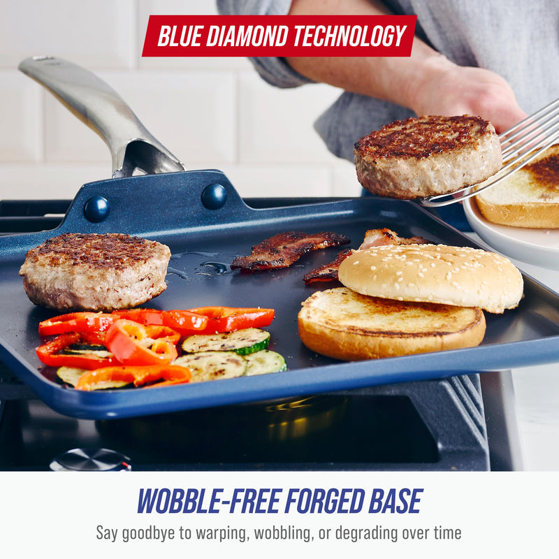 Blue Diamond 11" Nonstick Square Griddle Pan, Non Toxic PFAS-Free Diamond Ceramic, Dishwasher & Oven Safe, Even Heating, Metal Utensil Safe, Warp Control, Blue 11" Griddle Pan