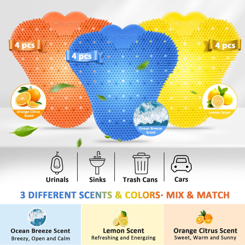 CHONOVO Urinal Screen Deodorizer, 12 Pack Urinal Cakes 3 Fresh Scents, Ocean Breeze, Lemon, Orange Citrus, Anti-Splash Odor Protection Mats Pads for Men Toilet in Bathroom School Restroom Office Hotel