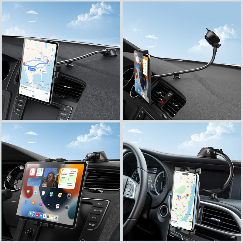 Peastrex Tablet Holder for Car, Dashboard Ipad Holder Gooseneck Windshield Strong Suction Cup Mount for 4.5-12.9" Tablets Phones, iPad Pro, Galaxy Tab, iPhone 15 14 Galaxy S25 S24 Z Fold 5 4