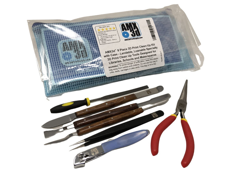 8 Piece 3D Print Clean-Up Kit with Case - Lendable, Loanable Specialty 3D Print Clean Up Tools Designed for Libraries, Schools and Makerspaces - 1 Kit