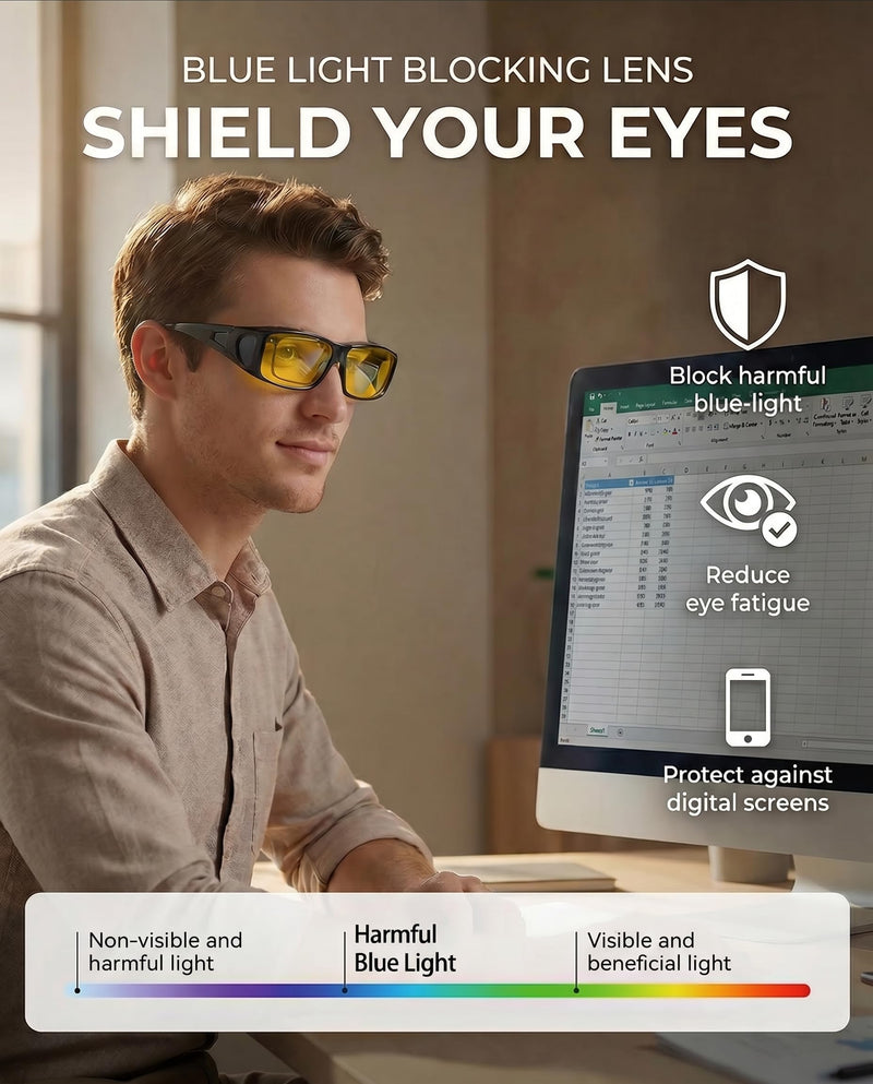 OptiCraft Blue Light Blocking Glasses Wear Over Prescription | Relieve Eye Strain, Better Sleep, Block UV400 & 380-500nm Rays Black Frame / Amber Yellow Tinted Lens