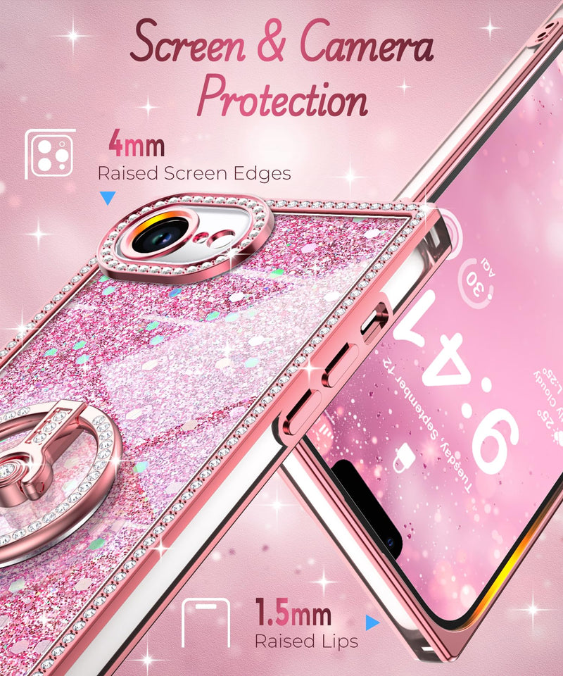 Miss Arts for iPhone 17e/16e Case with Ring Stand, Glitter Sparkle Phone Case for Women Girls, Rhinestone Luxury Protective Cover for iPhone 17e/16e 6.1", Pink