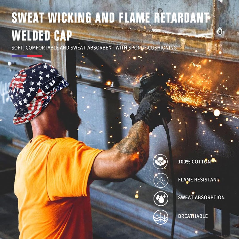 Welding Cap 100% Cotton Welding Caps for Men 3 Pcs Mesh Inside Sweat Absorption Flame Resistant Protective Welders Cap with Elastic Welding Helmet