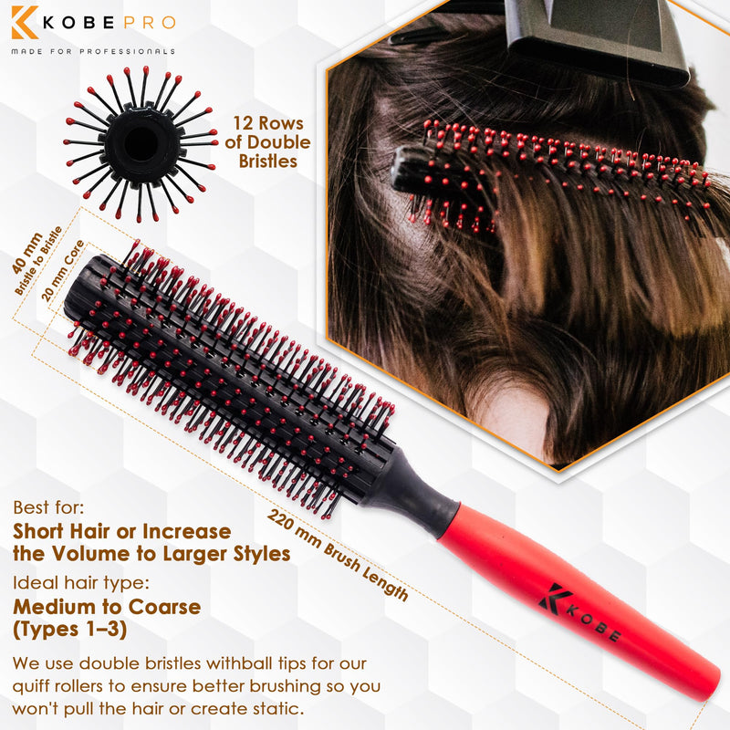 Kobe Professional Large Round Hair Brush and Quiff Roller for Men | 20mm 12-Row Dense Bristles | Comfort Ball-Tipped Pins, Non-Slip Grip, Anti-Static Volumising Styling Tool Barber Supplies L Red