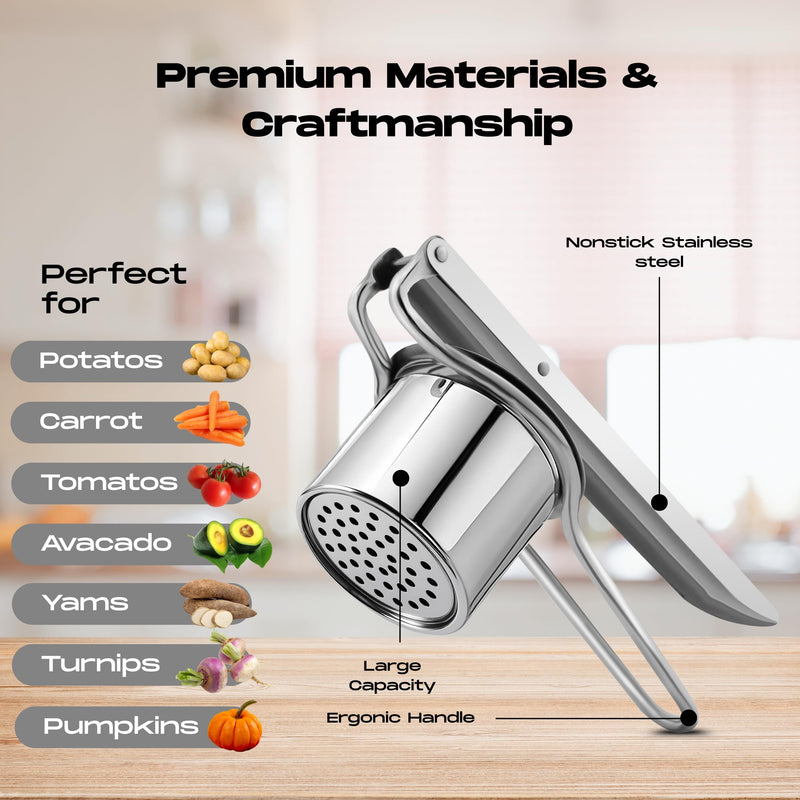 Large 15oz Potato Ricer Masher, Heavy Duty Stainless Steel Vegetable, Fruits Potato Masher and Ricer with 2 Interchangeable Disc kitchen Tool, Press and Mash Kitchen Gadget For Perfect Mashed Potatoes