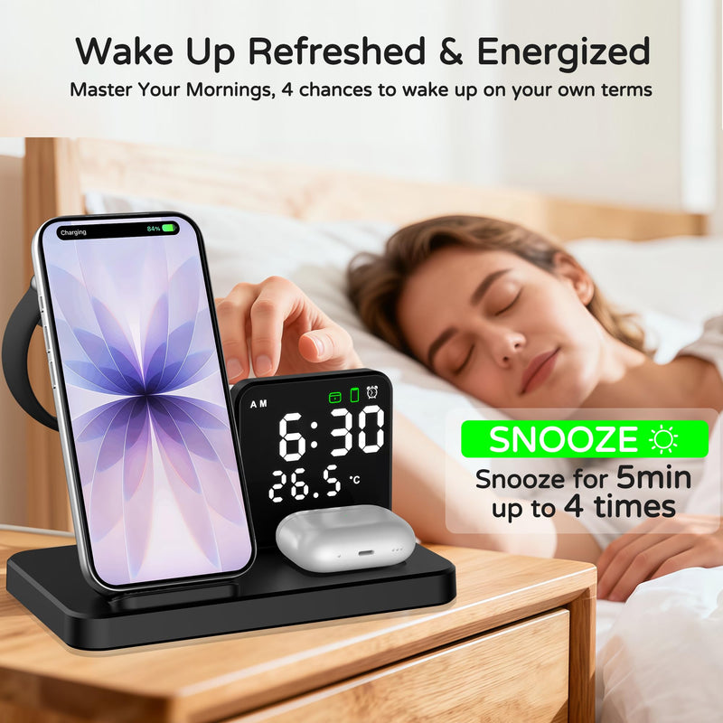 5 in 1 Wireless Charging Station with Alarm Clock Pen Holder, Fast Wireless Charger for iPhone 17/16/15/14/13/12/Pro/Max/Air, for iWatch & AirPods, Charger Stand with Temperature, Snooze Model Black