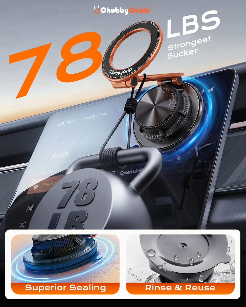chubbycable Magnetic Car Phone Holder 360° Rotation with Vacuum Base | Foldable design with ultra-strong magnetic hold, vacuum suction base, compatible with MagSafe iPhone 12-17 series and Android Vacuum Base-Orange 1 Pack