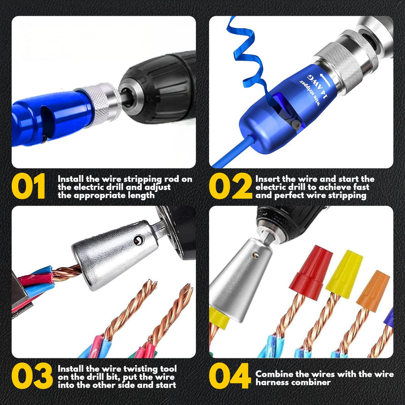 Wire Stripper Twister Tool for Drill, Upgraded US Regulations Impact Wire Stripping Tool & Wire Twisting Connector for Drill 6-14 AWG, 9 in 1 Professional Electrician Tools Gift Set