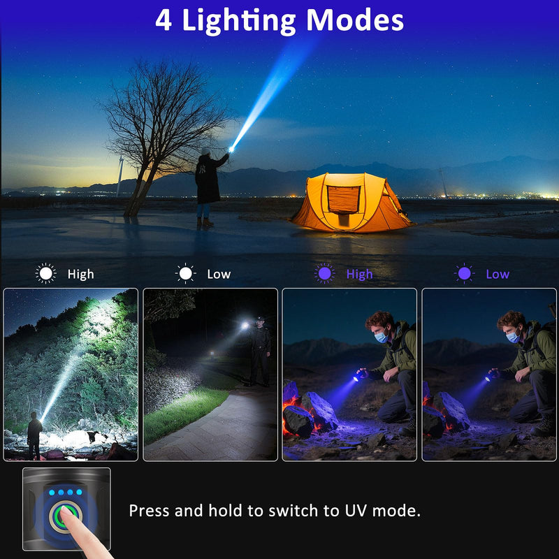 XLENTGEN 2-in-1 LED Flashlight with 395nm UV Flashlights & White Light, Rechargeable Magnetic Flashlight, 4 Lighting Modes, Waterproof for Camping, Hiking, Stain Detection, Currency Identification