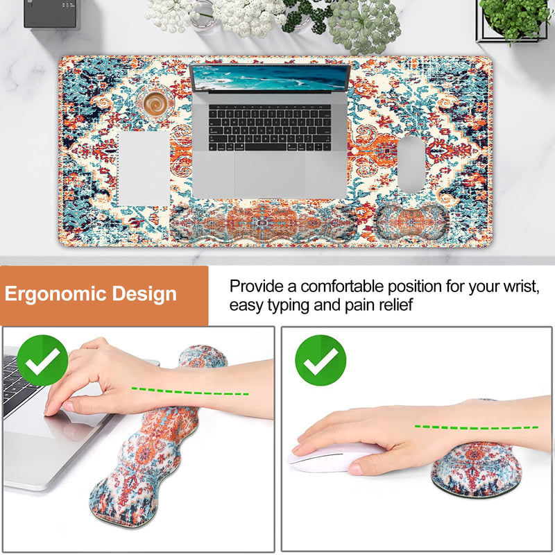 iLeadon Keyboard Mouse Pad Set, Large Gaming Mouse Pad + Wrist Rest + Mouse Pad with Wrist Support + Coaster, Easy Typing Pain Relief, 35.4x15.7in Desk Mat for Home Office, Boho Boho Orange