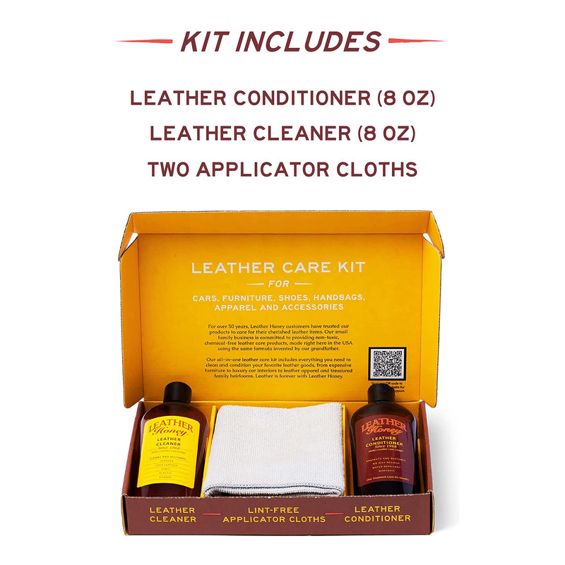 Leather Honey Complete Leather Care Kit: Cleaner, Conditioner, 2 Cloths. Non-Toxic Leather Care Made in the USA Since 1968. Restore Couches, Car Seats & Interior, Jackets, Shoes & Bags. For Any Color