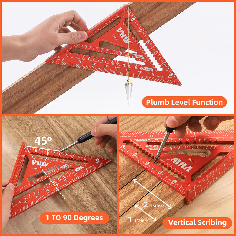VNW 12inch Zinc Alloy Combination Square and 7inch Aluminum Rafter Square Set with Carpenter Pencil,Heavy Duty Carpenter Tools for Woodworking and Home DIY