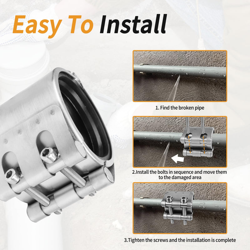 Pipe Repair Clamp Kit -3 Inch 74mm-79mm High Pressure Resistant Pipe Coupling Clamp for Plastic&Metal Pipes, Emergency Duty Leak Sealer with Stainless Steel, Quick Fix for Water/Gas/Oil Lines 3 inch /74mm-79mm