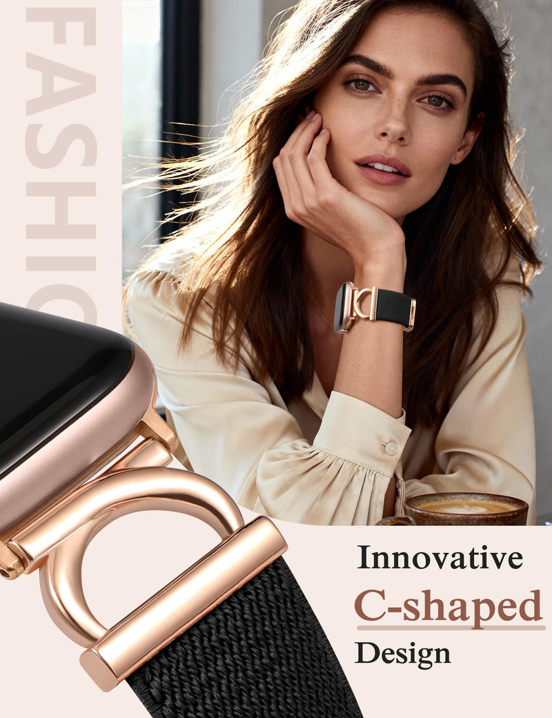 Stretchy Magnetic Band Compatible with Apple Watch Bands 38/40/41/42/44/45/46/49mm Women, Elastic Nylon Dressy Designer C-Shape Metal Strap for iWatch Series 11 10 9 8 7 6 5 4 SE/Ultra 3 2 1 Black/Rose Gold 38/40/41/42mm(Series 11/10)