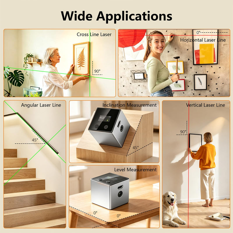 5-in-1 Digital Laser Level with Tripod, Magnetic Base & USB Rechargeable, Mini Angle Finder & Protractor, ±0.1° High Precision Cross Line Laser, Green/Red Beam for Picture Hanging,Tiling & DIY Grey