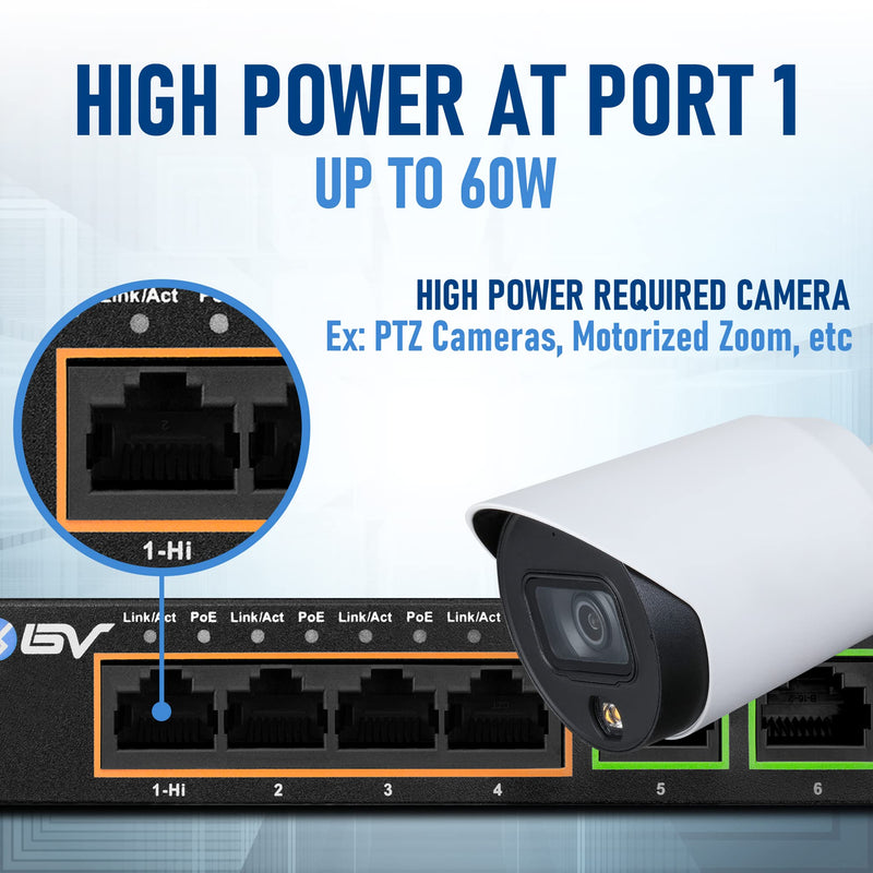 BV-Tech 6 Port PoE+ Switch 4 PoE+ Gigabit Ports with 2 Gigabit Uplink – 60W – 802.3at + 1 High PowerPort | Desktop Fanless Design | Sturdy Metal Housing Gigabit-2 Uplinks