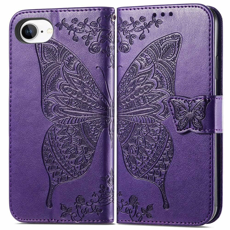 for iPhone 17e Wallet Case for Women,Butterfly Flip Cover,Purple | Embossed PU Leather, Stand, Card Holder Slots, Wrist Strap,Protective Phone Purse 6.1" Purple