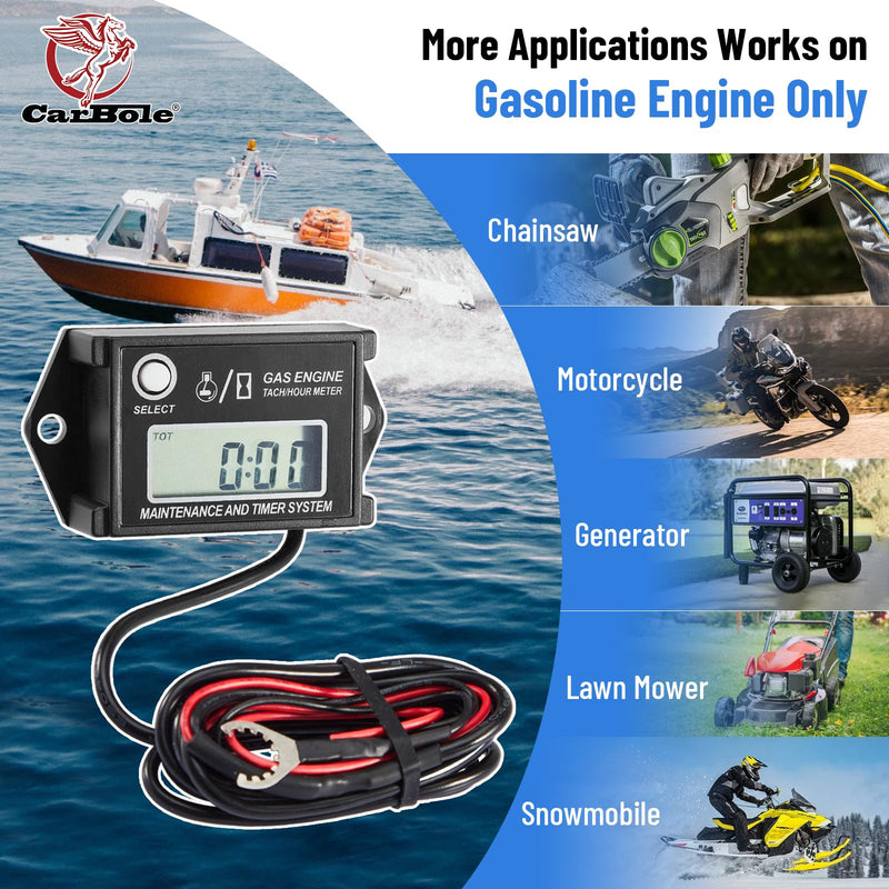 CarBole Digital Hour Meter Tachometer, Small Engine Hour tachomete, RPM Gauge Meter for Lawn Mower Skis Dirt Bike Boat Marine Snowmobile Generator and Gas Engine