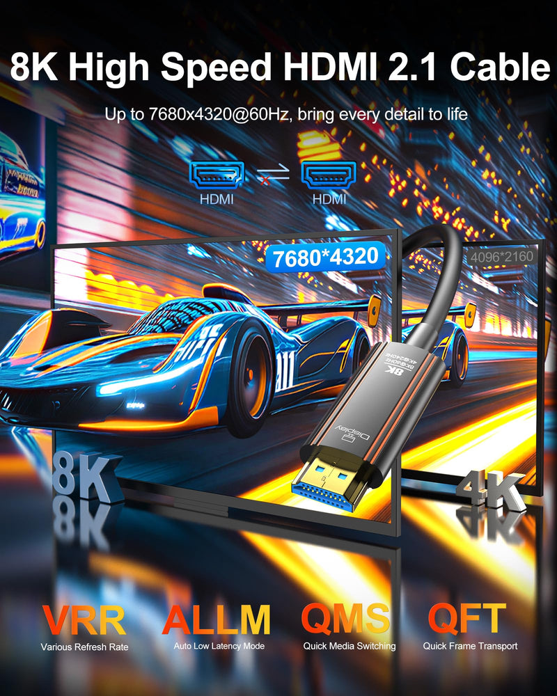 Fiber Optic HDMI Cable 50FT, 8K Long HDMI 2.1 Cord 48Gbps Ultra high Speed Support 8K@60Hz 4K@240Hz Dynamic HDR/eARC/HDCP 2.2&2.3/3D Compatible with PS5 PS4 Xbox HDTV Monitor Projector