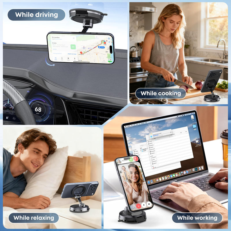 Strong Magnetic Phone Holder for Car & Desk, Compatible with MagSafe, Secure Lock, Universal 360° Rota-Table Car Phone Mount for Dashboard, Glass, Table, Carbon Fiber Gray