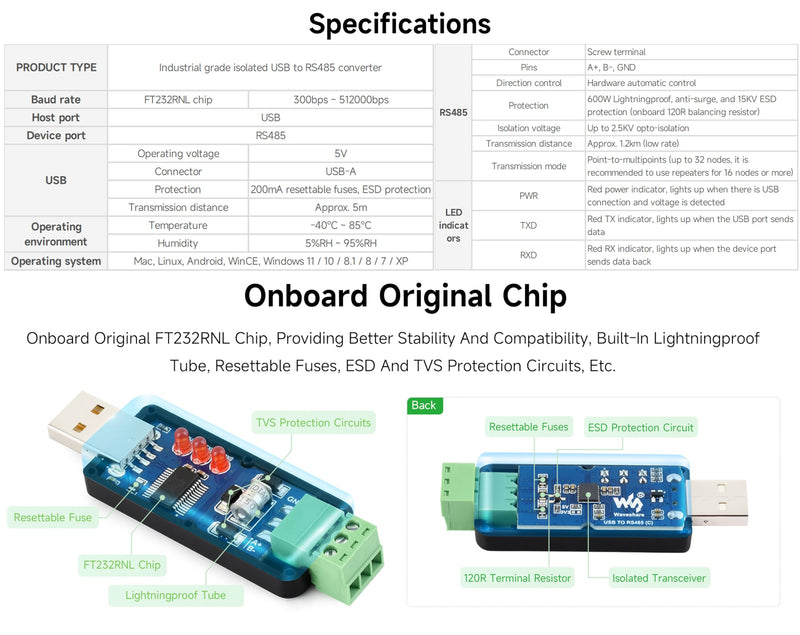 USB to RS485 Bidirectional Converter, with FT232RNL Stable Chip, Industrial Grade Isolated Adapter, with Isolated Transceiver and TVS Protection Circuits, etc. Up to 1.2km RS485 Transmission Distance