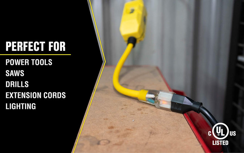 Southwire Yellow Jacket Heavy Duty Extension Cord with In-Line GFCI - 2 Ft - 12 Gauge - 3 Conductor - 15 AMP - Lighted End - 1 Outlet - SJTW - Yellow - 2817