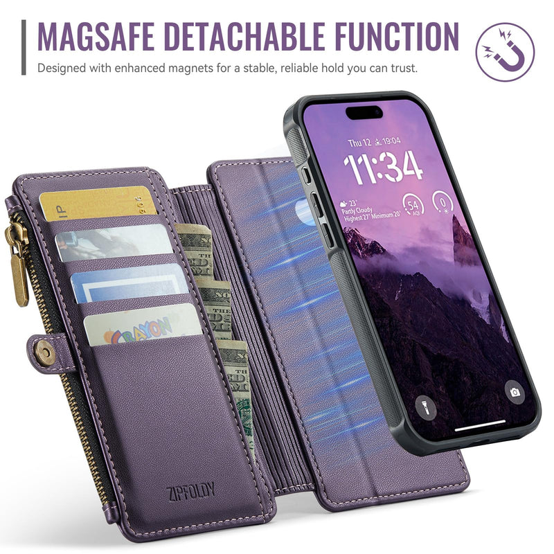 for iPhone 16 Plus - Phone Case Wallet Magnetic Detachable, Purple | Compatible with Magsafe, RFID Blocking Card Holder, Zipper Pocket, Wristlet, Durable PU Leather, Magnet Flip, for Women Men Deep Purple