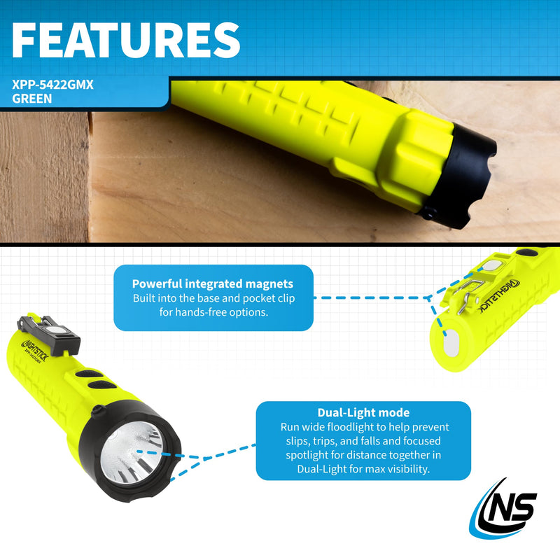 Nightstick XPP-5422GMX X-Series Intrinsically Safe Dual-Light Flashlight with Dual Magnets, Green/Black Green/Black - 2 magnets