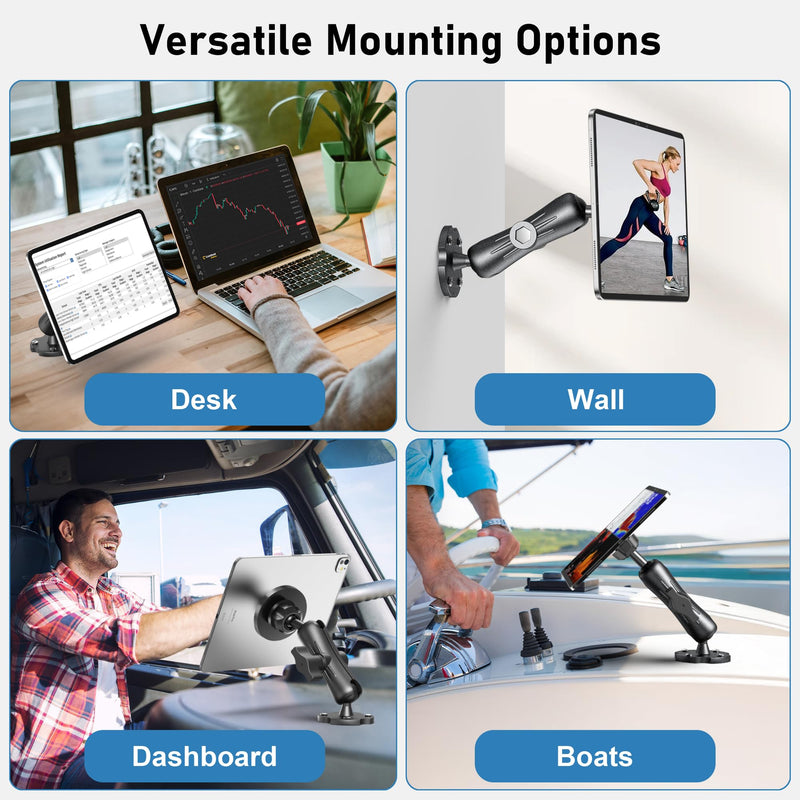 Keuvirya Upgraded 20x N52 Magnetic Aluminum Tablet Mount for Car Semi Truck | Heavy Duty Drill Base iPad Holder for Truck Dashboard Wall, Fits 4.7-13" iPad Pro Mini Phones, Compatible with RAM 1" Ball 4.7"-13.5" - 1 arm mount