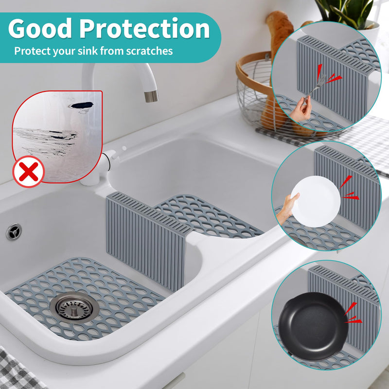 3 Pack Sink Mat and Sink Saddle Set, 13.4 x 11.5 Inch Protectors for Kitchen, Non Slip Silicone Dishwasher Safe, Folding Grid Protect from Stains, Damage, Scratches (Cuttable) Cuttable