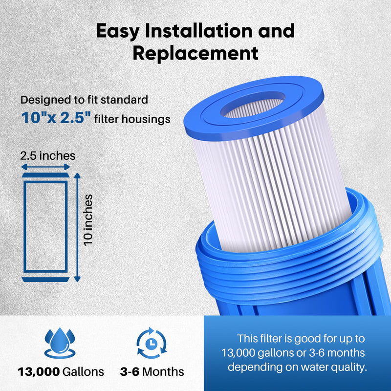 PUREPLUS 5 Micron 10"x2.5" Whole House Pleated Sediment Filter for Well Water, Replacement Cartridge for Universal 10 inch RO System, W50PE, WFPFC3002, SPC-25-1050, FM-50-975, 801-50, WB-50W, 4Pack 4 Count (Pack of 1)