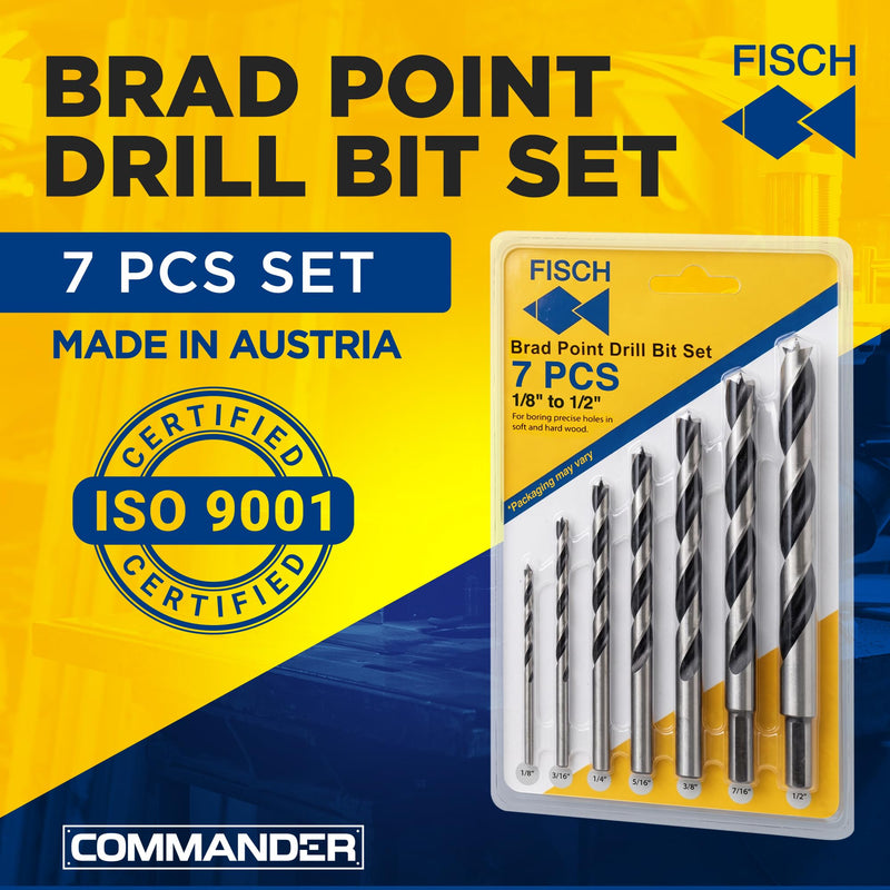 Fisch Premium Brad Point Drill Bit Set, High-Accuracy Woodworking Bits with Beveled Edges for Smooth, Tear-Free Holes, Ideal for Pros & DIY, Made in Austria, 7 Pcs Set Inc (1/8" to 1/2") 7 Piece Set (1/8 in - 1/2 in)