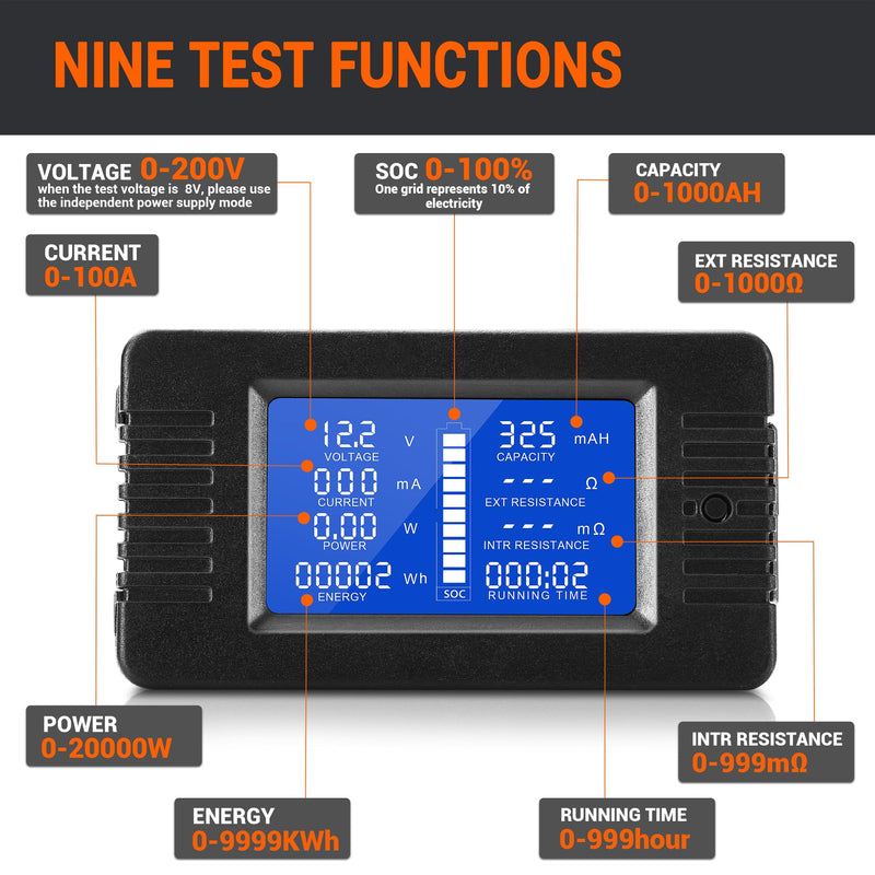 DC Multifunction Battery Monitor Meter, 0-200V 0-100A LCD Display Digital Current Multimeter Voltmeter Ammeter for Cars Rv Solar System