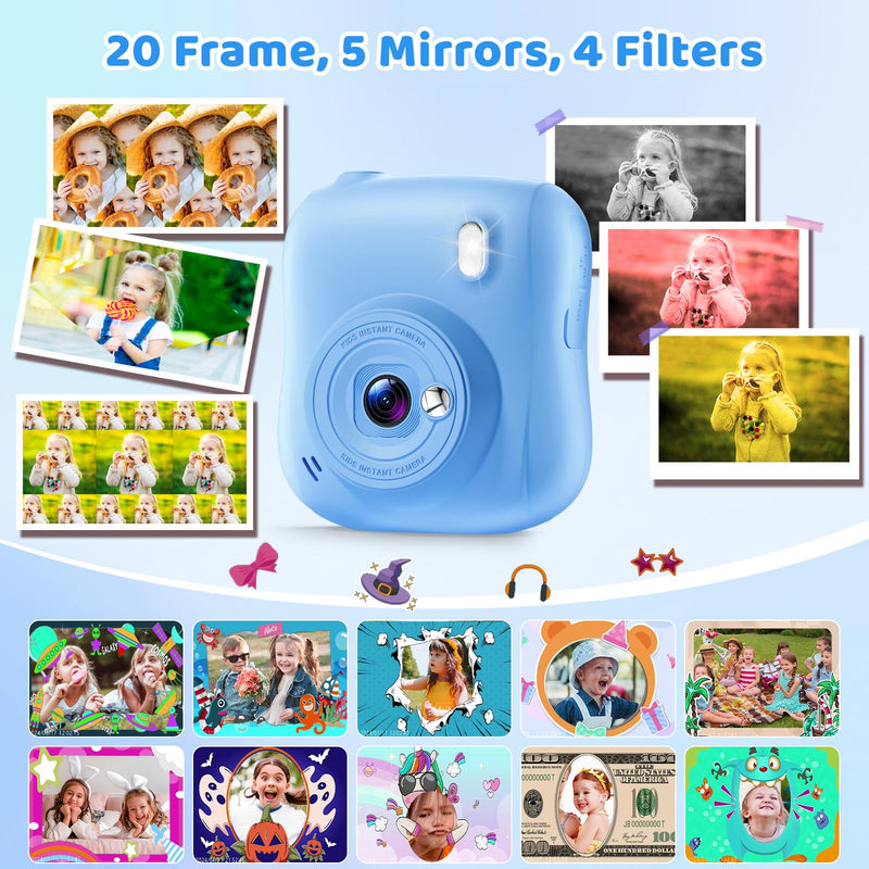 Instant Print Camera for Kids,Christmas Birthday Gifts for 3 4 5 6 7 8 9 10 11 12 Year Old Boys Girls,Toddler Digital Video Camcorder Cameras, Best 1080P HD Selfie Toy with 32GB SD Card Blue