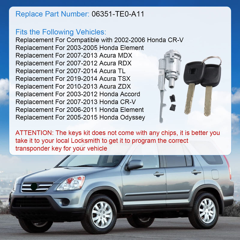 Ignition Switch Lock Cylinder with Key Compatible with Honda CR-V Element Pilot Accord Odyssey Acura MDX RDX TL TSX ZDX Replace# 06351-TE0-A11