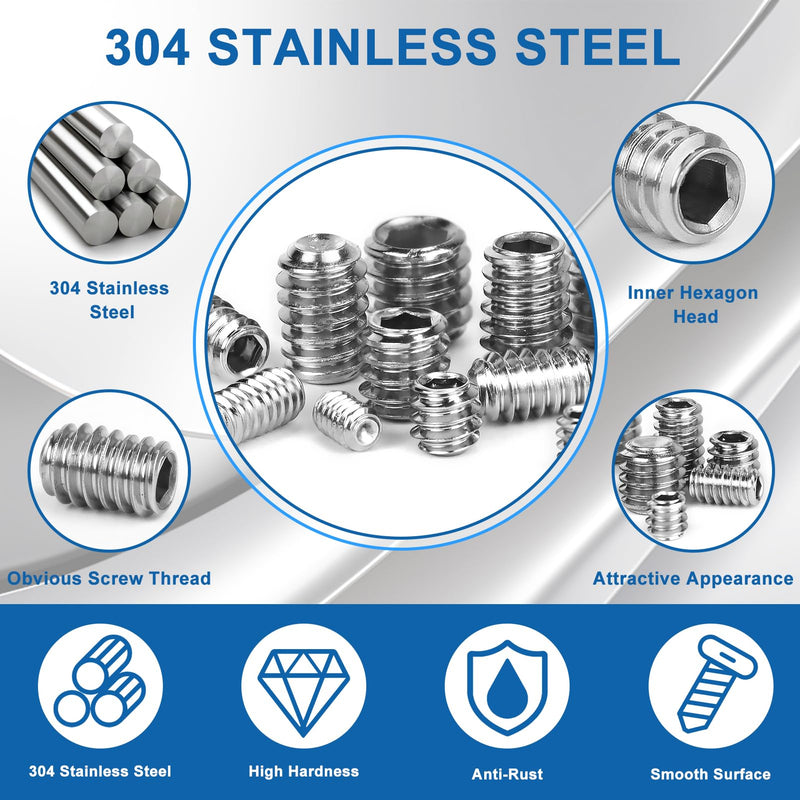 1500PCS Metric & SAE Set Screw Assortment Kit, 32 Size 304 Stainless Steel Internal Hex Allen Grub Head Set Screws for Bathroom Fixtures, Door Handles, Home Repair, Silver, M3-M8, 1/8-40 to 5/16-18 Silver 304 Stainless Steel 1500PCS