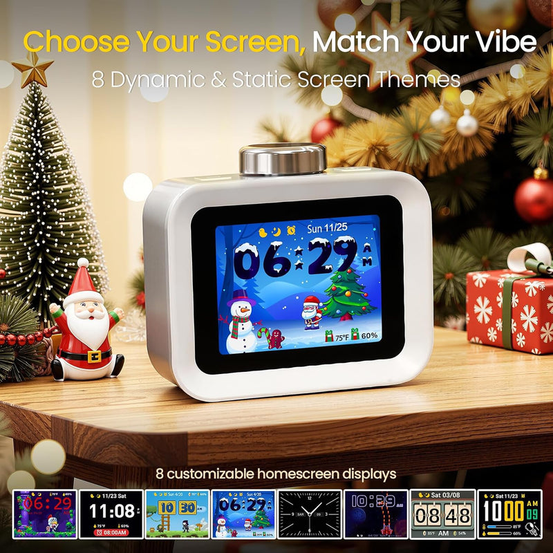 AIRIVO Alarm Clock, Colorful LCD Display with 8 Visual Themes, 4 Digital Alarms with 30 White Noise for Bedrooms, 112dB Loud Alarm Clock with Hourly Chime for Heavy Sleepers, Gift for Kids Teens