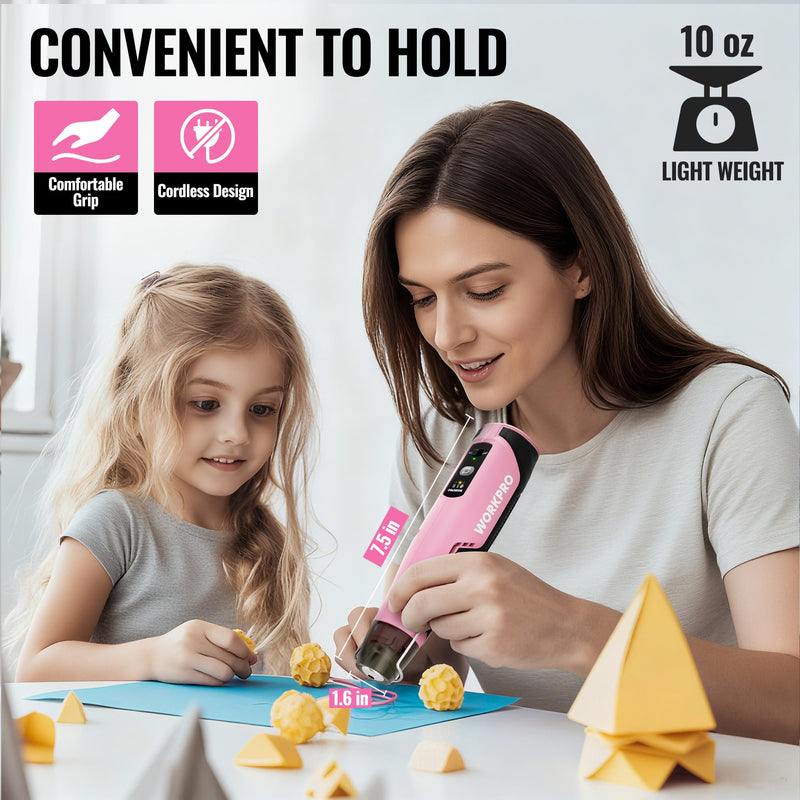 WORKPRO 7.2V Cordless Mini Heat Gun for DIY Crafts, 4000mAh Hot Air Gun, 1.5s Fast Heating, 3 Temp Settings (Cool/572°F/842°F), USB-C Rechargeable, Perfect for Crafts & Decorations - Pink Ribbon