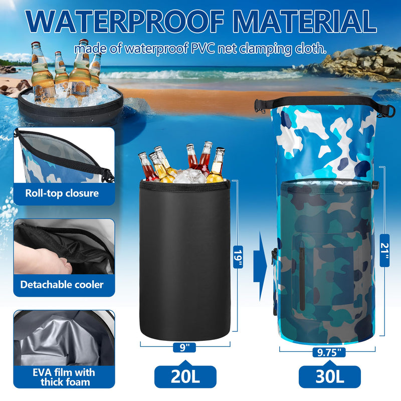 Smasrob 30L Waterproof Dry Bag with 20L Detachable Cooler, Dry Bag Cooler Backpack with Phone Pocket and Bottle Pouch, Suitable for Kayaking, Boating, Camping and Water Activities Blue Camouflage
