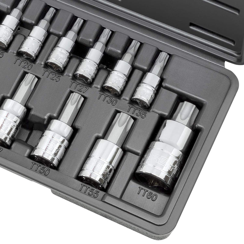 CARBYNE 14-Piece Tamper Proof Torx Bit Socket Set, Security Torx TT8 to TT60, S2 Steel Bits, CrV Sockets, 1/4 in. 3/8 in. 1/2 in. Drive, Durable Case, Genuine Licensed Torx